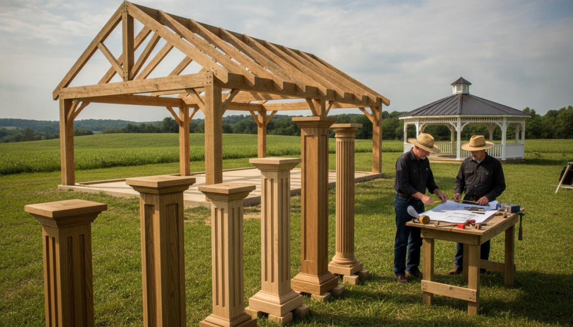 Finished Amish-built wooden pavilion in residential backyard with decorative columns, natural wood stain finish, and dark shingle roof surrounded by mature landscaping and green lawn