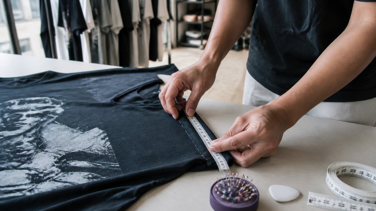Close-up of hands pinching and measuring excess fabric on an oversized graphic tee at the side seam, with a measuring tape, pins, and chalk marker visible on a flat work surface