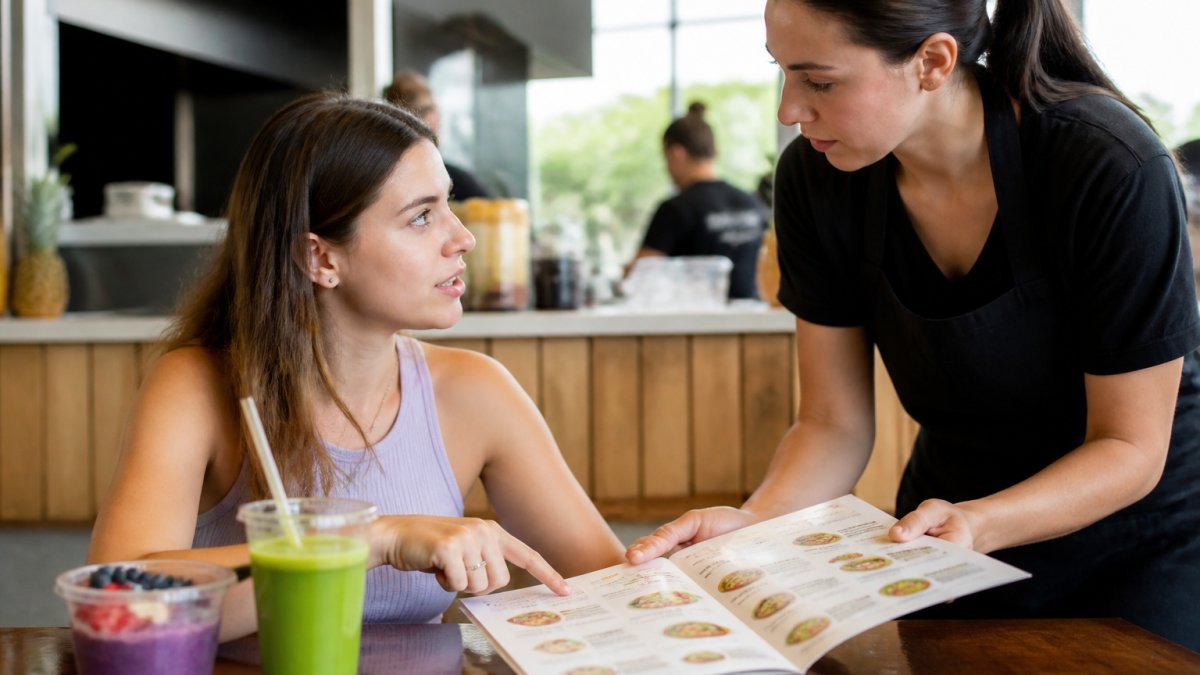 Infographic illustrating how to customize restaurant meals dietary restrictions by speaking with a server.
