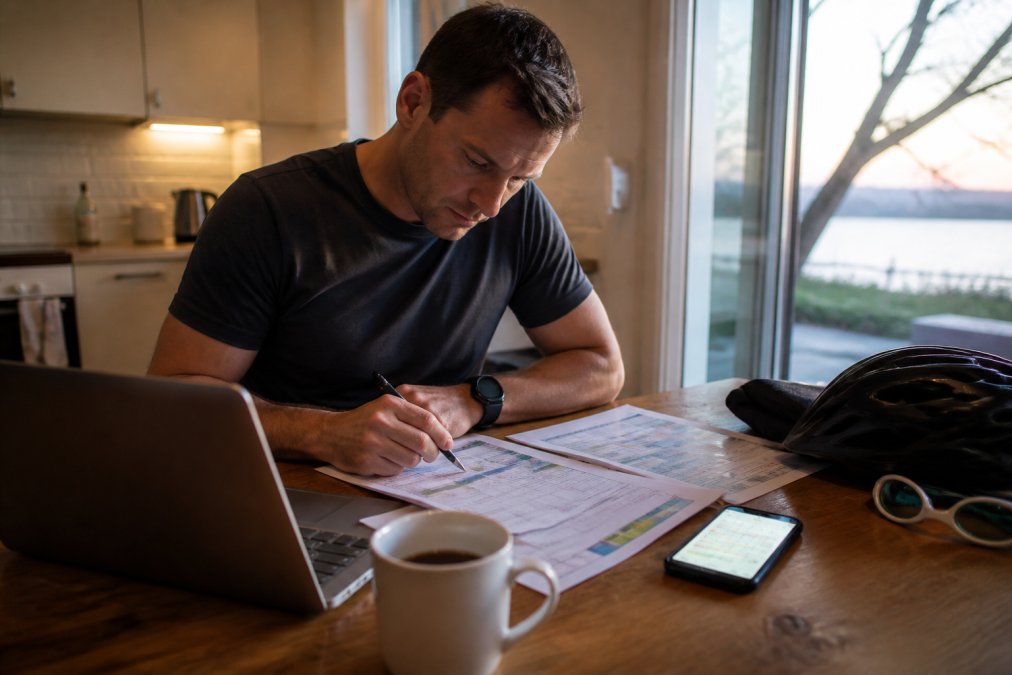 Triathlete organizing triathlon training plans with a laptop and printed schedules at a kitchen table