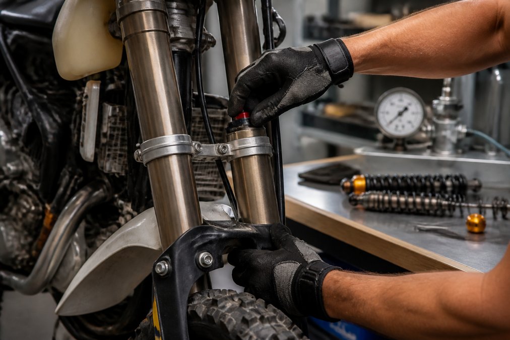 Close-up of a motorcycle's front fork with preload adjuster and damping knob clearly visible, hands in work gloves adjusting suspension components on a clean workbench