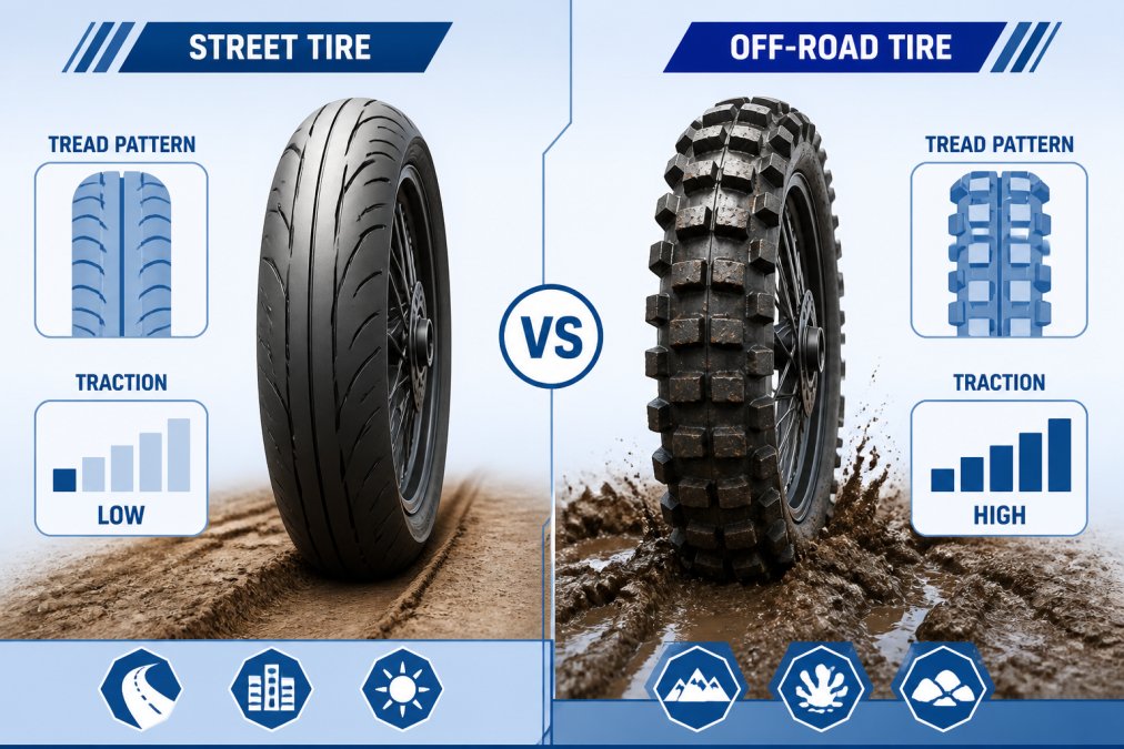 Two motorcycle tires positioned side-by-side on a dirt surface, one showing street tread pattern with thin circumferential grooves, one displaying aggressive knobby off-road tread with deep lugs spaced across the surface, demonstrating traction difference in muddy terrain