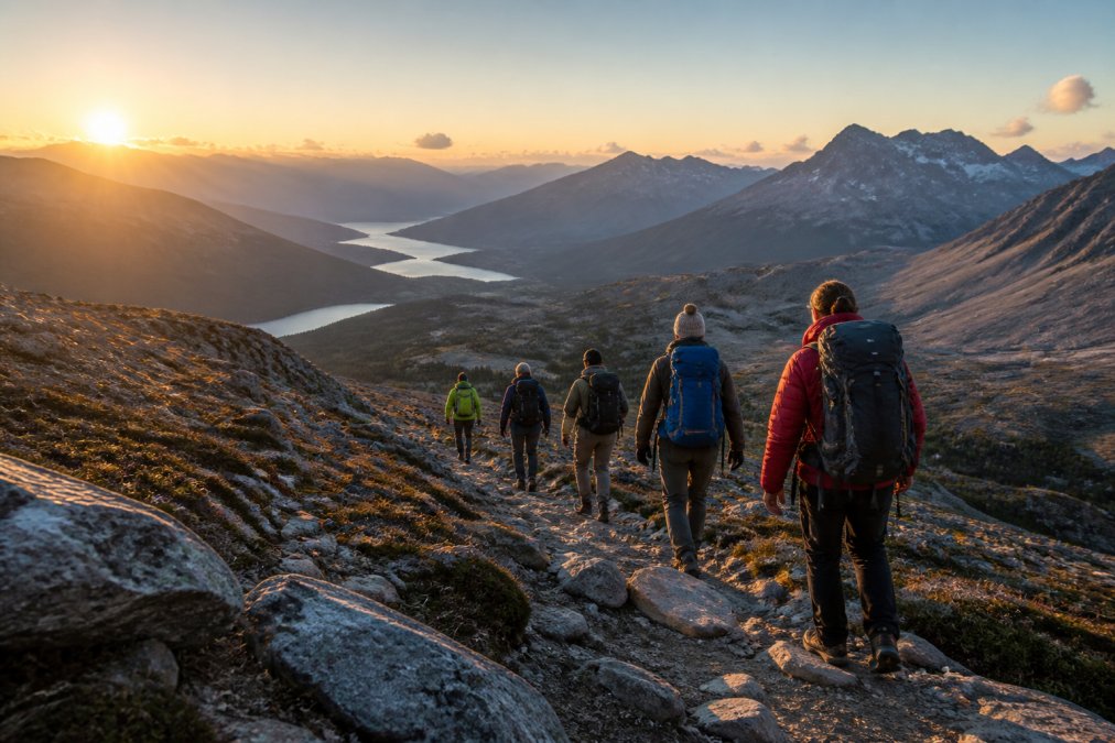 A diverse group of adventurers hiking through a remote mountain landscape at sunrise, with rugged terrain and expansive valley views in the background
