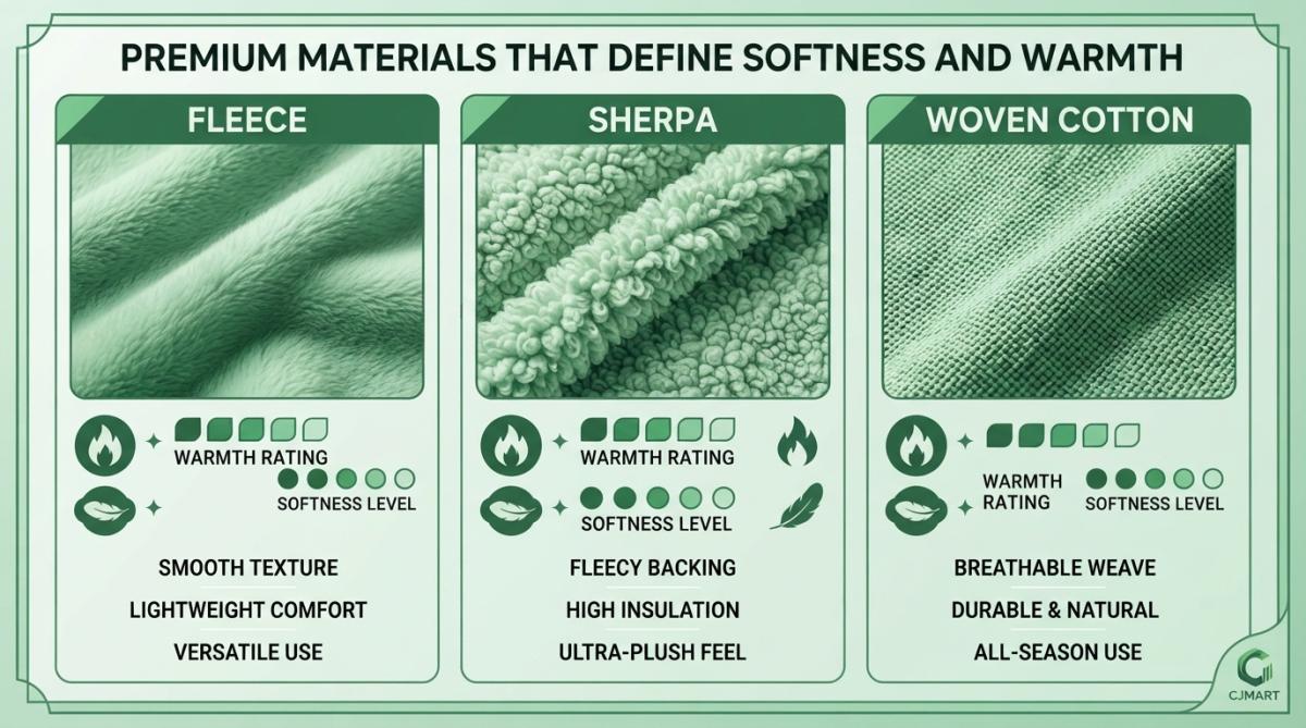 Close-up of different blanket fabric textures and materials laid out flat, showing fleece, sherpa, and woven cotton side by side with soft natural lighting