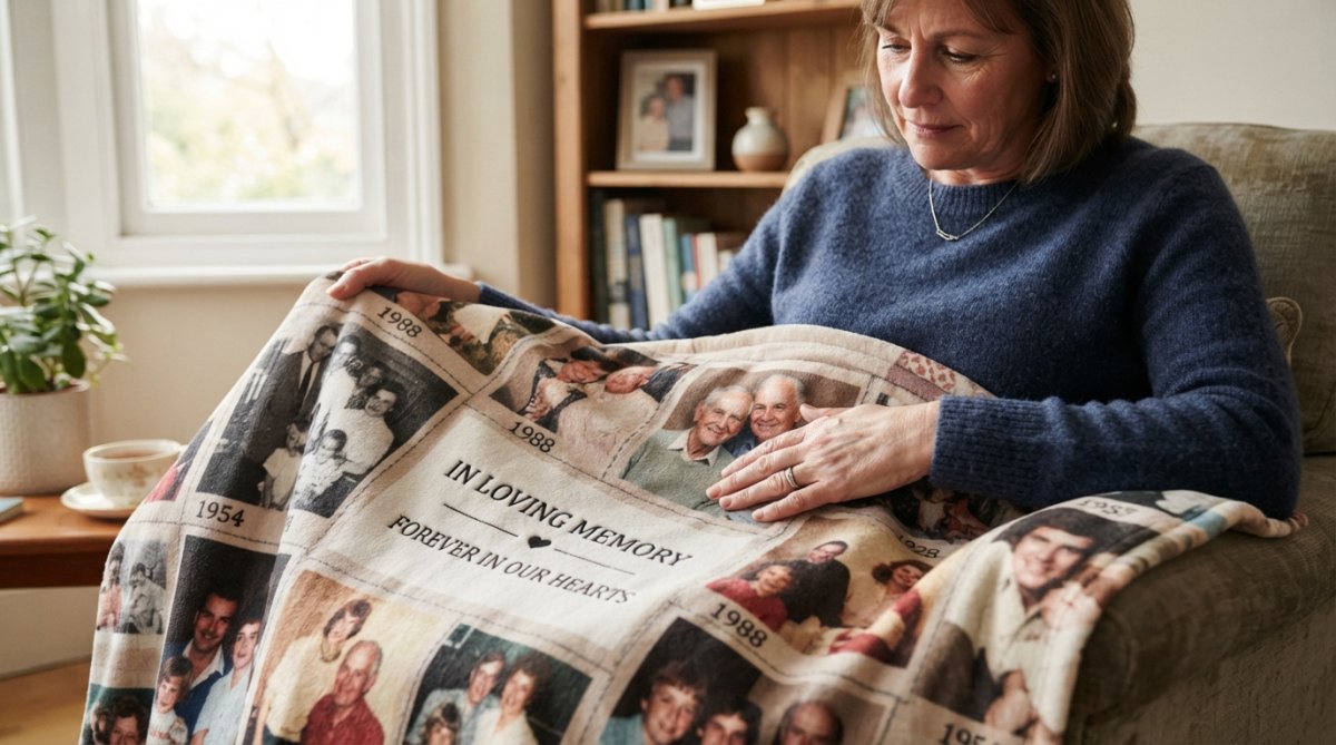 Close-up of a soft fleece memorial blanket with a high-resolution family photo printed in vibrant color, draped over a couch with warm natural window lighting