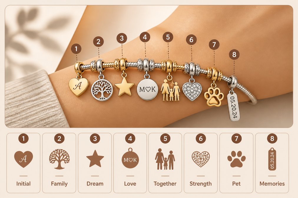 Woman's wrist wearing a multi-charm bracelet with various gold and silver charms in different styles, showing mixed metals and charm designs in natural light