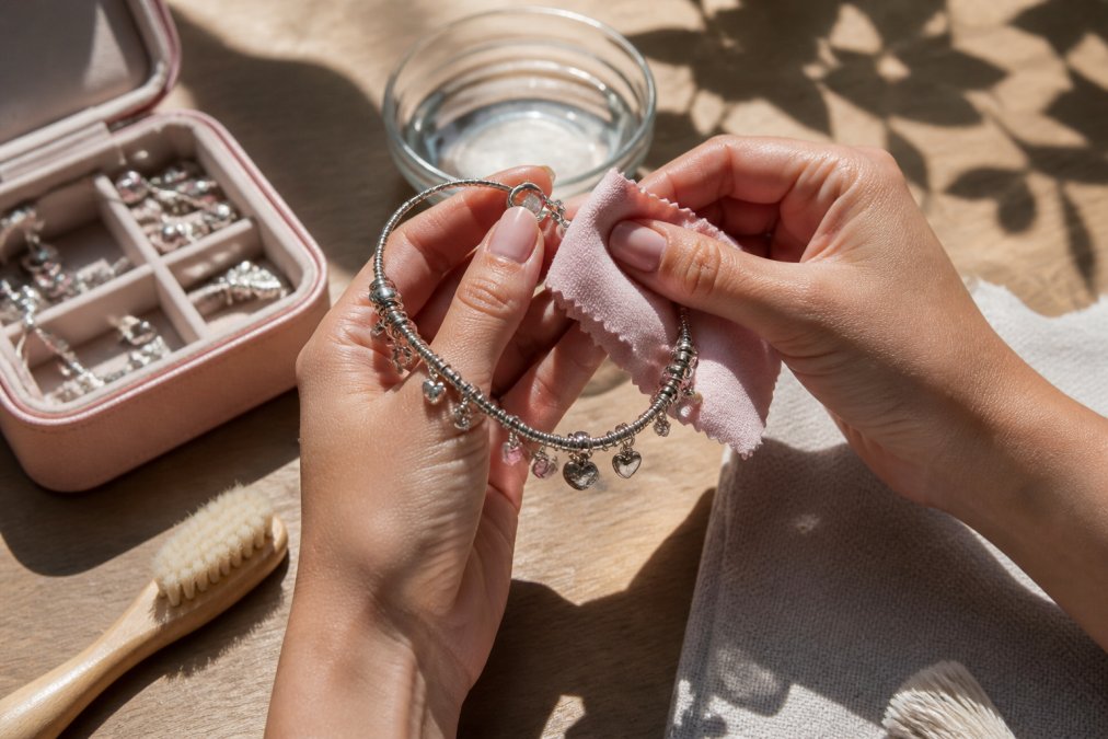 Hands gently cleaning a charm bracelet with a soft cloth, with a small jewelry care kit and storage box visible on a wooden surface in natural light