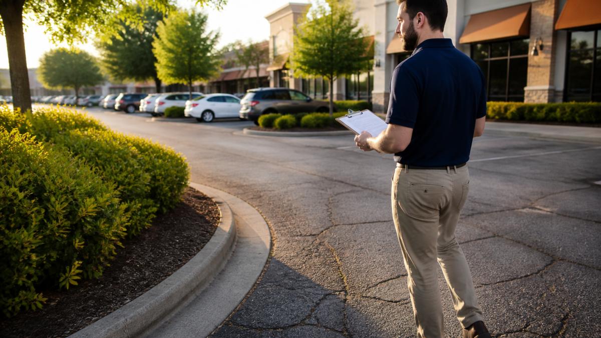 Property manager inspecting a shopping center exterior for a customized cleaning plan assessment