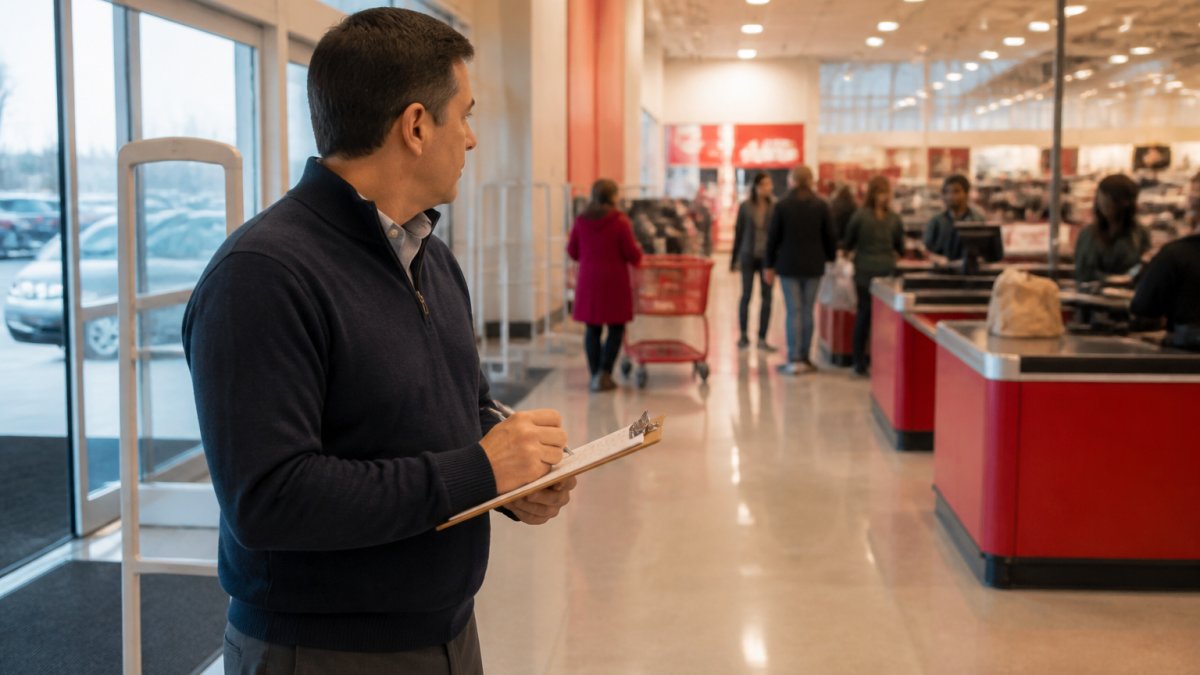 Retail store manager walking through busy retail space near entrance and checkout counters, examining high-traffic areas with clipboard in hand, taking notes under bright store lighting