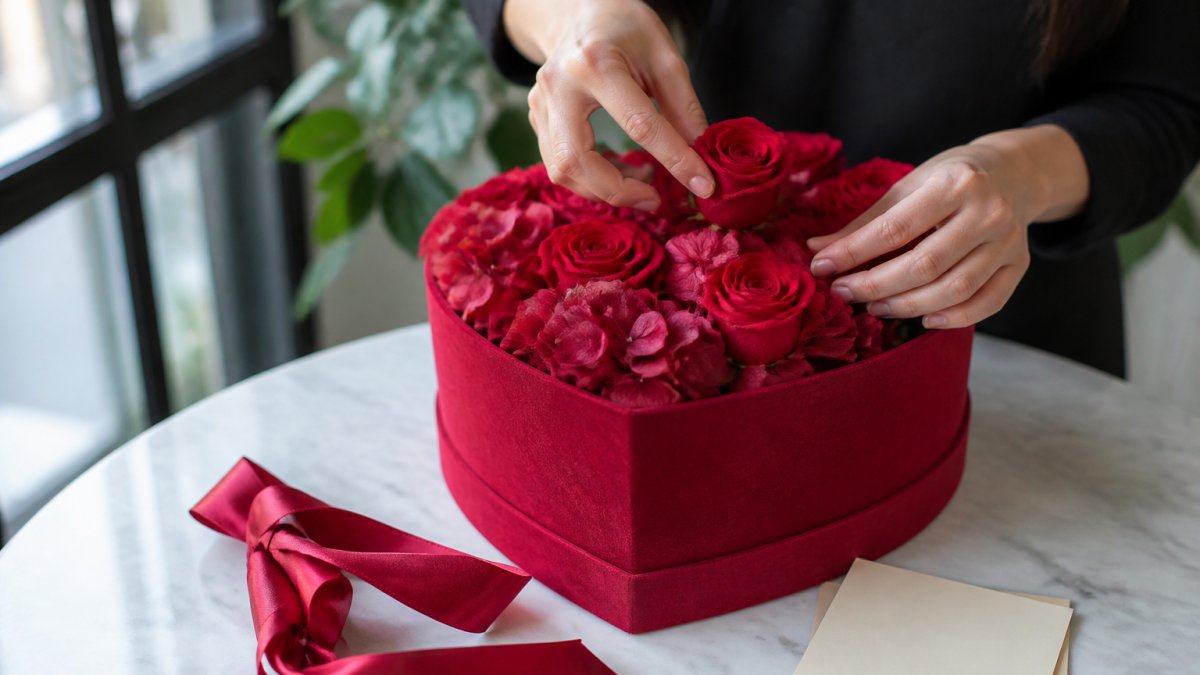 Process diagram showing steps to arrange roses and hydrangeas in a heart-shaped box with a personalized note card.