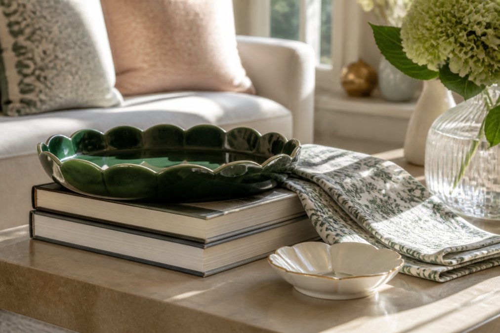 Infographic illustrating the process of styling customized home decor on a coffee table with books, trays, and accents.