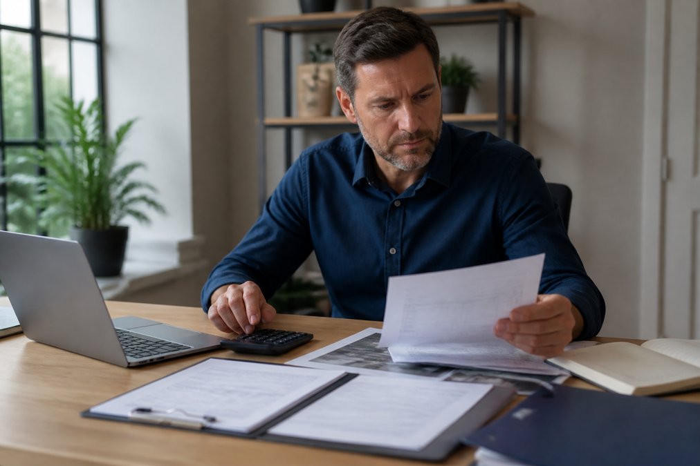 Business owner reviewing documents, spreadsheets, and business asset lists at a desk with laptop, calculator, and notepad in natural office lighting