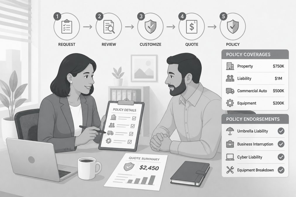 Insurance professional and business owner discussing policy details across a table with documents, laptop, and coffee in a modern office setting with natural light