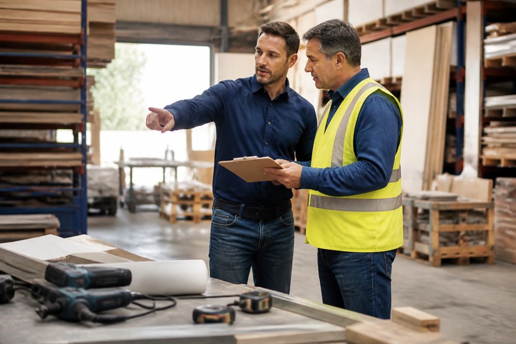 Business owner and advisor reviewing warehouse equipment for customized insurance coverage