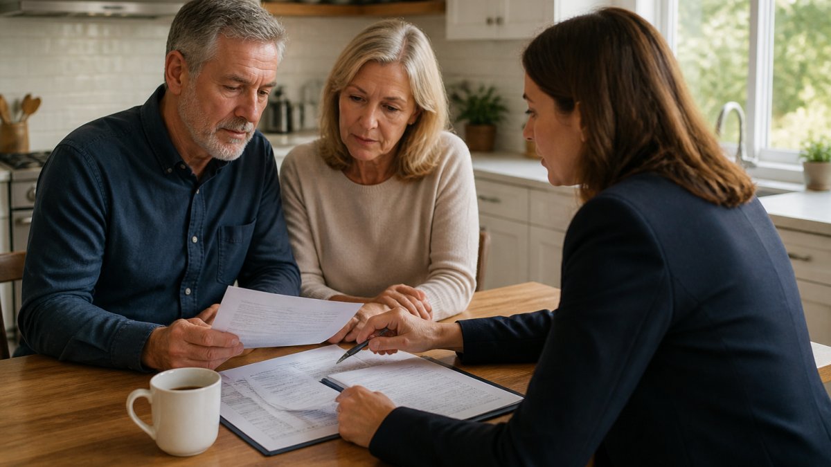 A couple in their late fifties sitting at a kitchen table with a financial advisor, reviewing paperwork and a laptop, warm natural light coming through a window