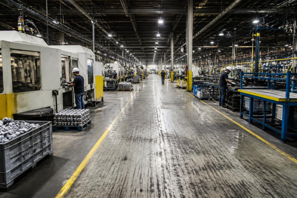 Wide-angle view of a manufacturing floor showing equipment zones with industrial machinery, high-traffic walkways marked by floor wear patterns, and production lines with workers in safety gear and hard hats
