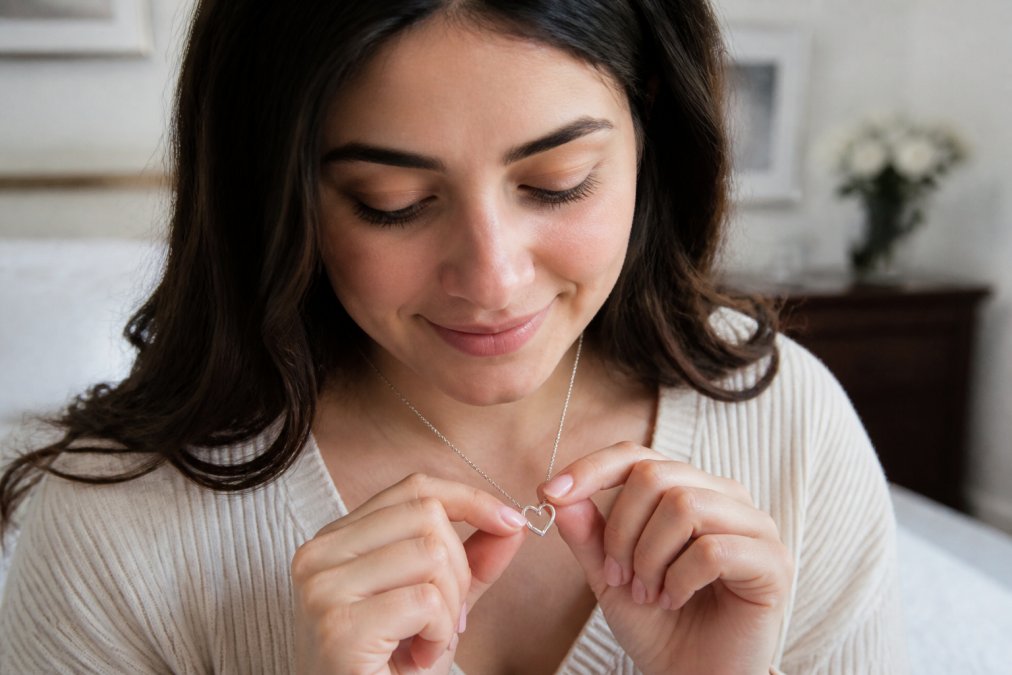 Close-up of a woman holding an engraved necklace with personalized initials, examining the detail with genuine emotion, soft natural lighting highlighting the craftsmanship
