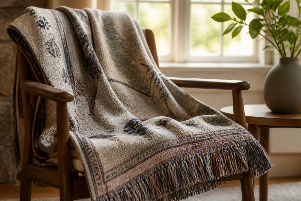 A cozy woven heirloom blanket draped over a chair in a warm home setting, showing the texture and quality of the custom piece with natural light highlighting the weave