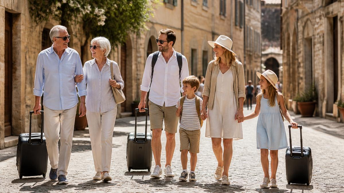 A multi-generational family with grandparents, parents, and children walking together through a sunlit European cobblestone street, relaxed and smiling, luggage in tow