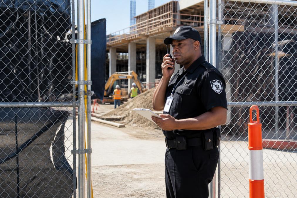 Professional security guard in uniform standing at a construction site entrance gate during daytime, monitoring access with a clipboard and radio, wearing visible security credentials