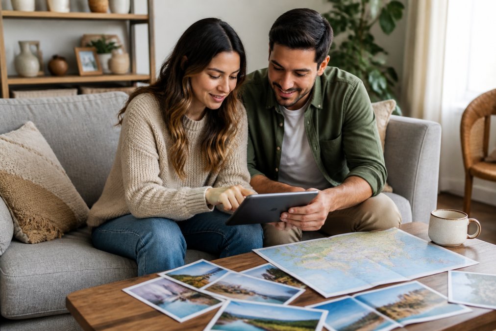 A couple reviewing travel destination photos and maps together on a tablet at a coffee table in a modern living room, discussing options with warm natural lighting