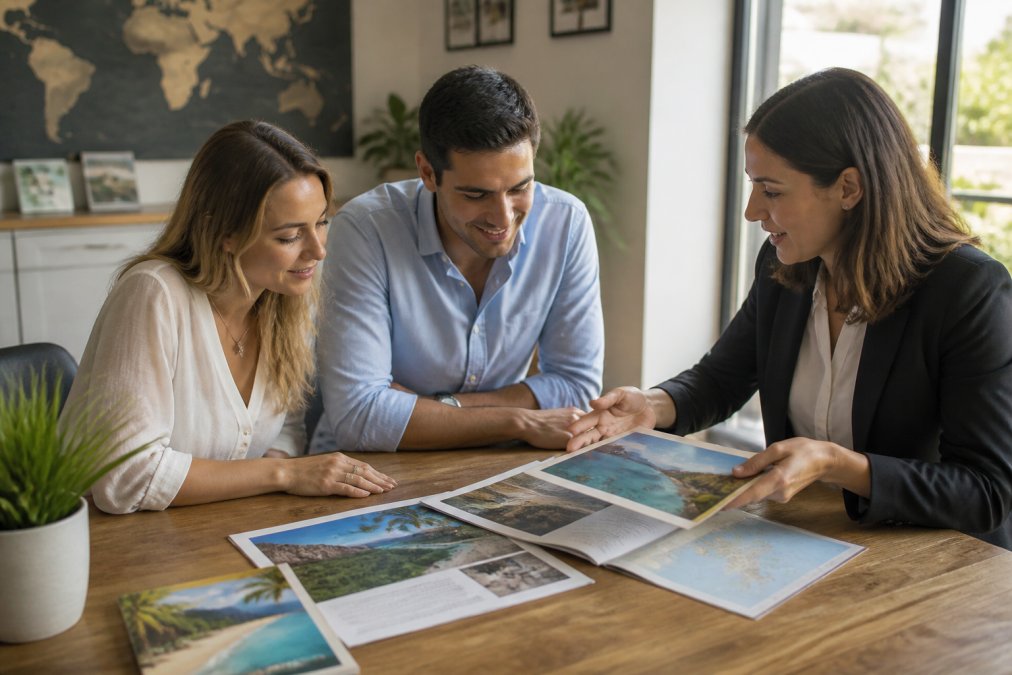 A travel advisor and couple meeting in a bright office, reviewing printed itineraries and destination materials together at a wooden table with natural light streaming in