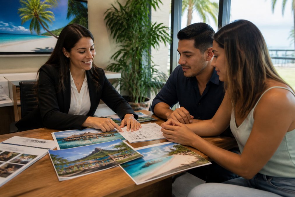 Travel advisor sitting at desk with clients, reviewing colorful destination photos and itinerary documents together, warm natural lighting from office windows, professional and welcoming setting