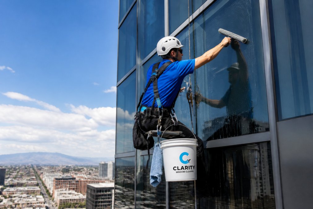 Professional window cleaning technician in safety harness and hard hat performing high-rise window cleaning on a tall office building with modern glass facade and blue sky background