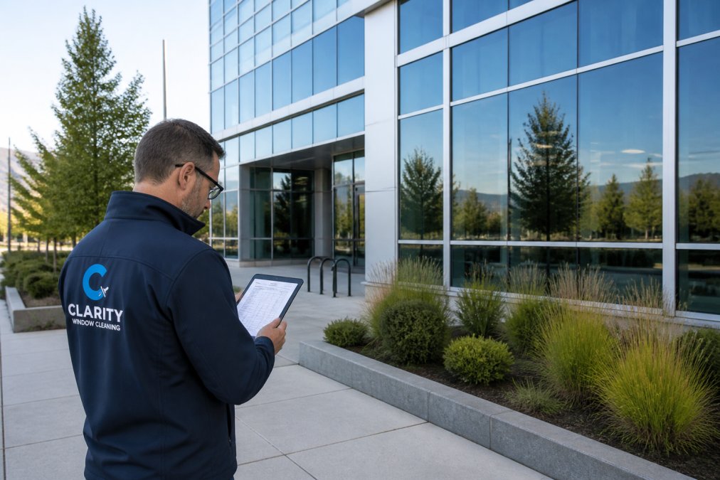 Facilities manager reviewing detailed maintenance schedule on tablet while standing in front of modern commercial office building with expansive glass windows and professional landscaping