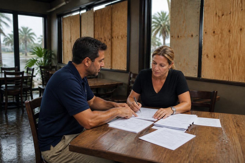 A restaurant manager and insurance agent seated at a table inside the restaurant, going through paperwork together after a storm, with boarded windows visible in the background