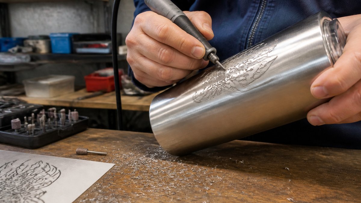 Close-up of hands using a rotary engraving tool on a stainless steel tumbler in a well-lit workshop, with metal shavings and a design template visible on the workbench