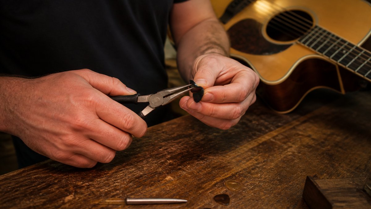 Guitarist using needle-nose pliers to adjust the fit of thumb picks on a workbench