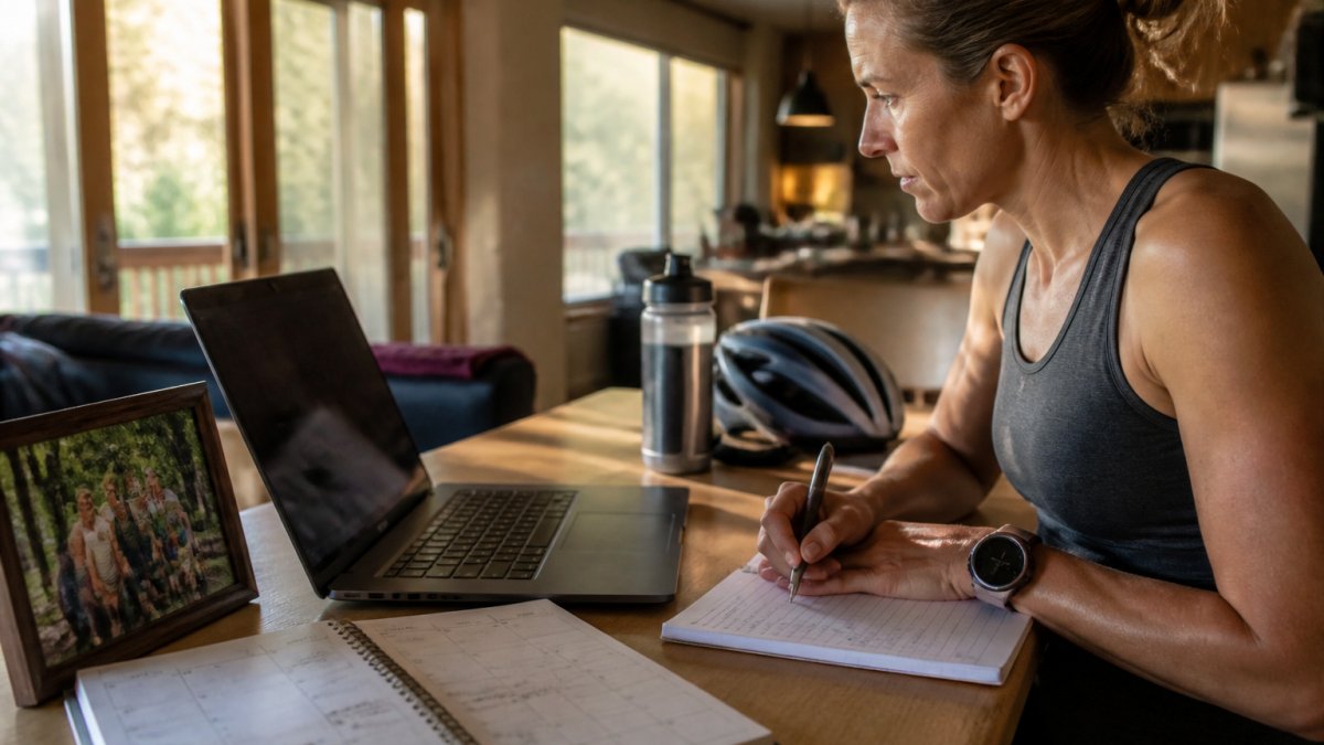 Parent athlete customizing triathlon plans on a laptop while balancing family life at a desk.