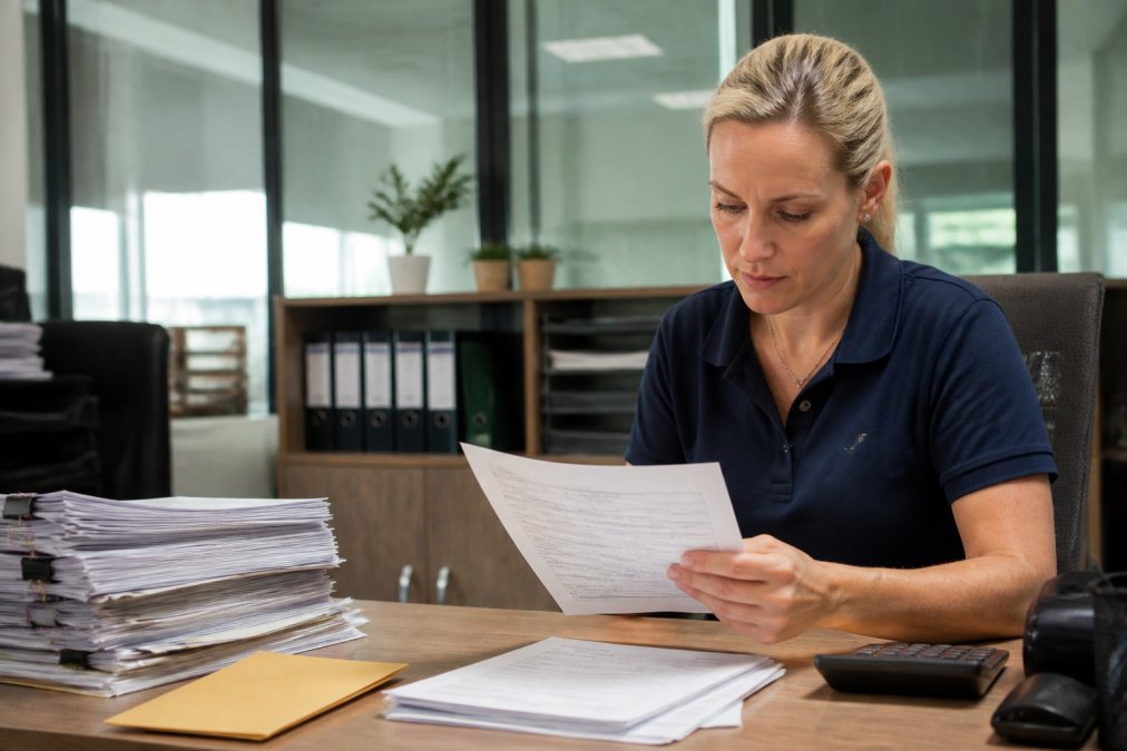 Logistics professional reviewing customs documentation requirements explained Australia at desk with computer displaying import forms, shipping invoices, and customs declarations visible in modern office setting