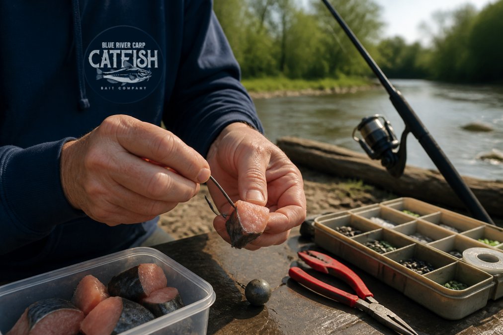 Angler threading a chunk of cut bait onto a circle hook to learn the differences in cut bait vs live bait for catfish