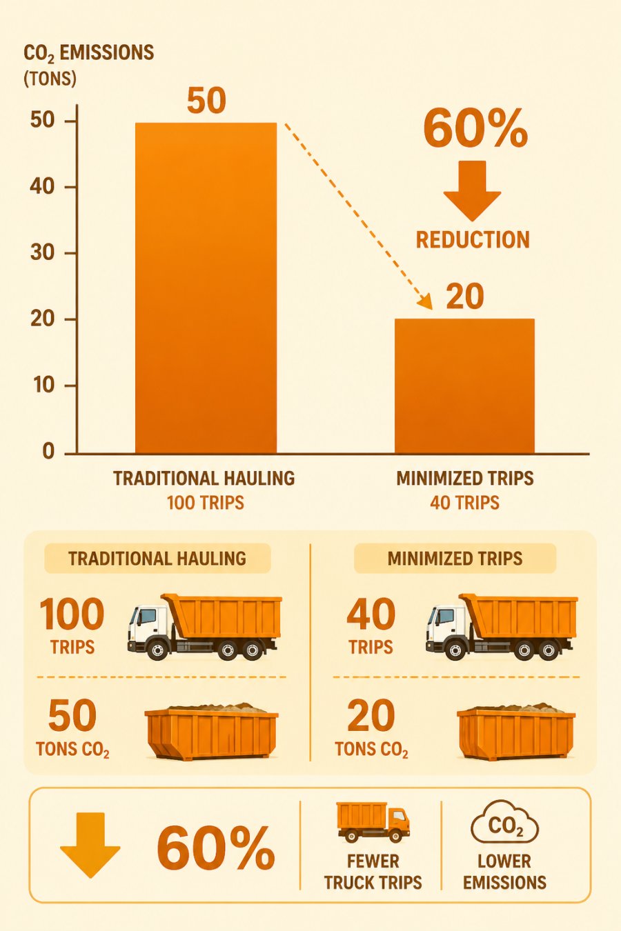 Bar chart comparing estimated CO2 emissions for a sample construction project under two scenarios: traditional hauling at 100 trips versus minimized trips at 40 trips, showing a 60% reduction in truck trips and emissions