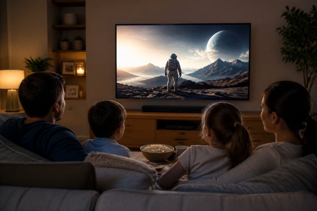Family sitting on couch watching television with streaming content displayed on screen, relaxed home entertainment environment with warm lighting