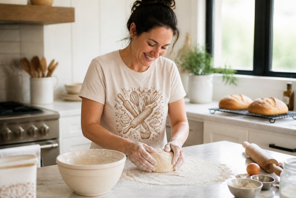 Woman wearing the Mom Bakes Best graphic tee in a bright kitchen, flour dusting the counter, fresh bread cooling on a rack in the background