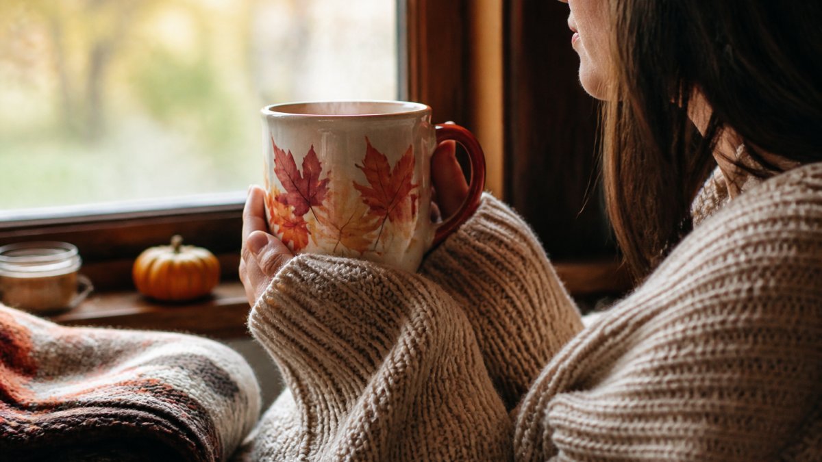Woman in a chunky knit sweater holding a steaming mug with autumn leaf patterns by a sunlit window.
