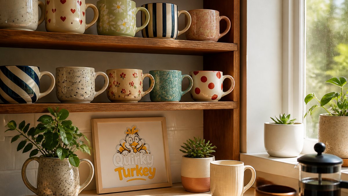 A cosy kitchen scene with a collection of colourful, patterned ceramic coffee mugs displayed on open wooden shelving, sunlight streaming through a window, creating warm shadows and highlighting the vibrant designs