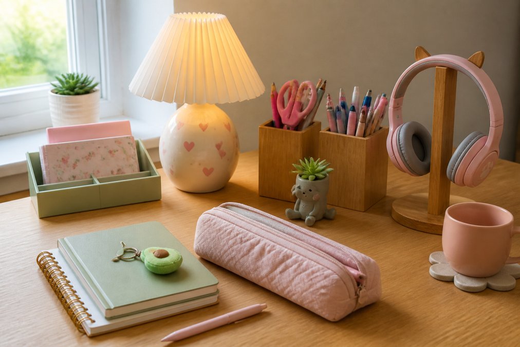 Bright home office desk styled with pastel pink and sage green organisers, a cute ceramic desk lamp with warm glow, wooden pen holders filled with colourful stationery, a small potted succulent, and a novelty headphone stand, arranged on natural wood desk surface with soft morning light from nearby window