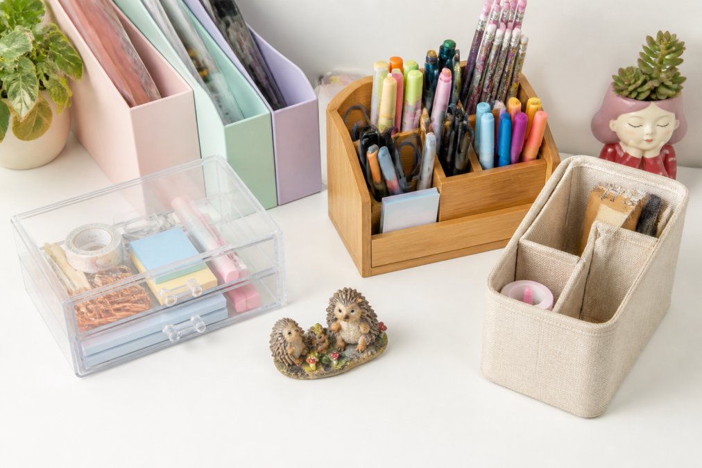 Flat lay arrangement of various cute desk organisers and storage solutions including pastel-coloured file holders, wooden desk caddy with assorted pens and pencils, clear drawer organiser with stationery supplies, and a neutral linen desk organiser, photographed from above on white desktop surface