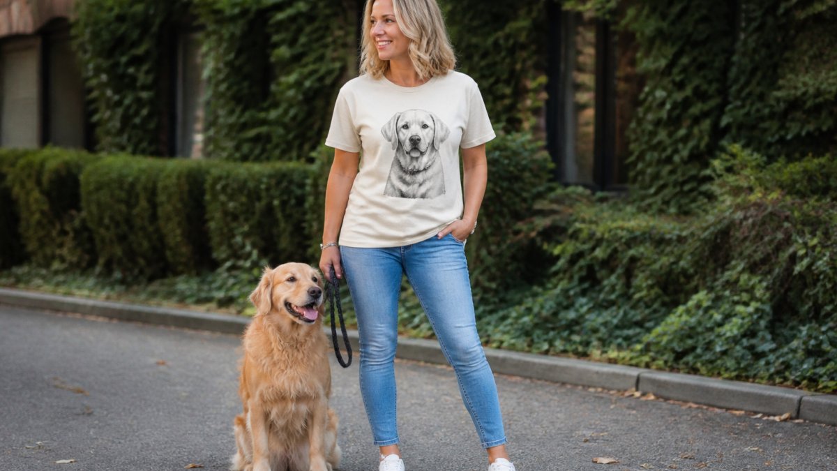 Woman wearing a dog-themed tee styled with denim and white sneakers, standing outdoors in natural daylight with a relaxed, confident pose, wearing the shirt untucked over fitted jeans