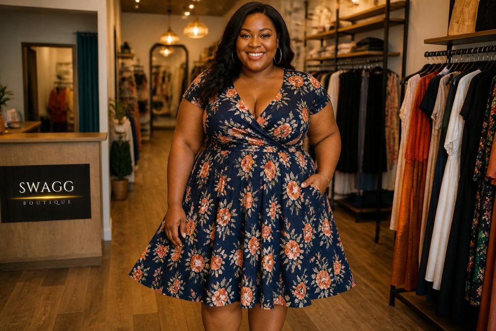 A confident curvy woman in a fit-and-flare midi dress, standing in a warmly lit boutique setting with wood floors and soft overhead lighting, smiling and looking directly at the camera