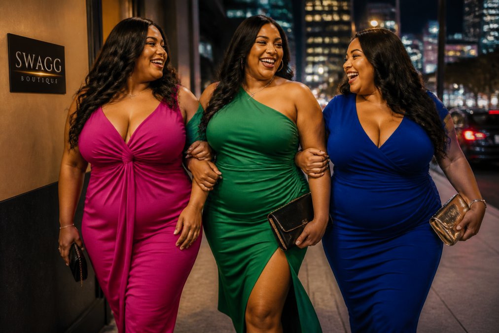 A group of three stylish curvy women dressed for a night out in bold, colorful cocktail dresses, laughing together outside a venue under warm evening light, with a city backdrop visible behind them