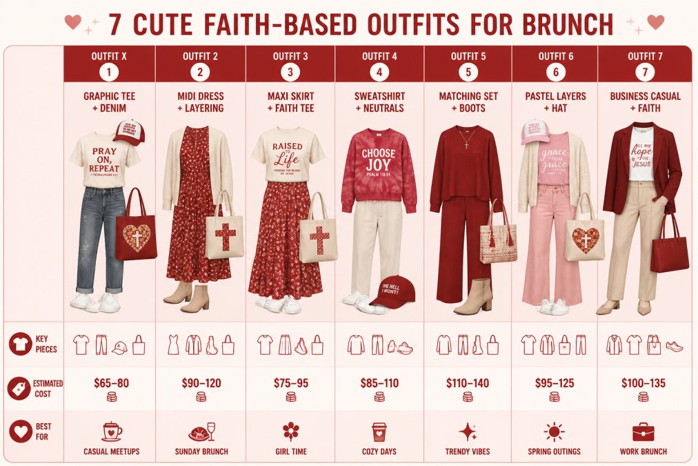 Comparison matrix of 7 cute faith based outfits for brunch: Outfit 1 (Graphic Tee + Denim) $65-80, Outfit 2 (Midi Dress + Layering) $90-120, Outfit 3 (Maxi Skirt + Faith Tee) $75-95, Outfit 4 (Sweatshirt + Neutrals) $85-110, Outfit 5 (Matching Set + Boots) $110-140, Outfit 6 (Pastel Layers + Hat) $95-125, Outfit 7 (Business Casual + Faith) $100-135, showing key pieces, estimated cost, and best-for styling