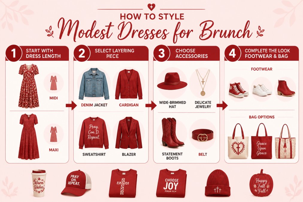 Layering flowchart for modest dresses: Start with dress length (Midi or Maxi) → Select layering piece (Denim Jacket, Cardigan, Sweatshirt, or Blazer) → Choose accessories (Statement Boots, Delicate Jewelry, Wide-Brimmed Hat, or Belt) → Complete the look with footwear and bag options