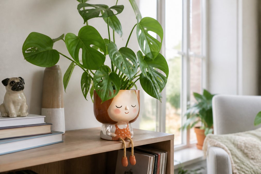 Mature Monstera plant displayed in a quirky character planter with dangling legs on a wooden shelf next to stacked books and decorative objects in a bright living room with natural window light