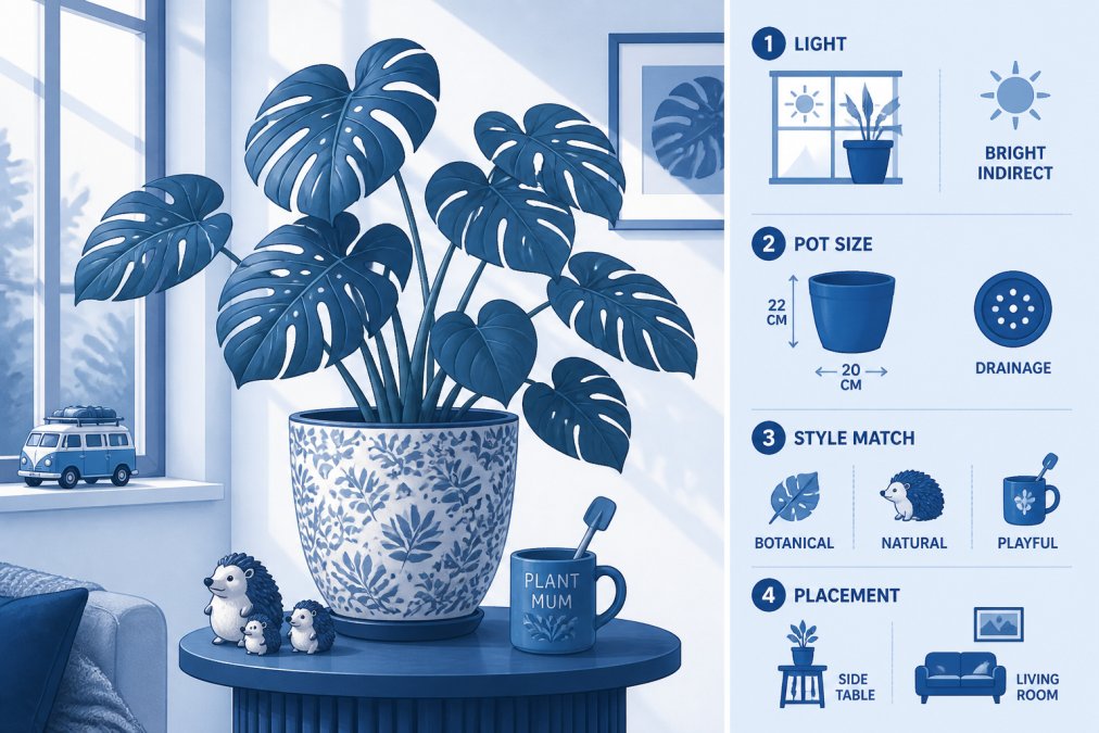Close-up of a mature Monstera in a ceramic botanical print pot positioned on a side table with soft natural light streaming through a nearby window, casting gentle shadows on the leaves