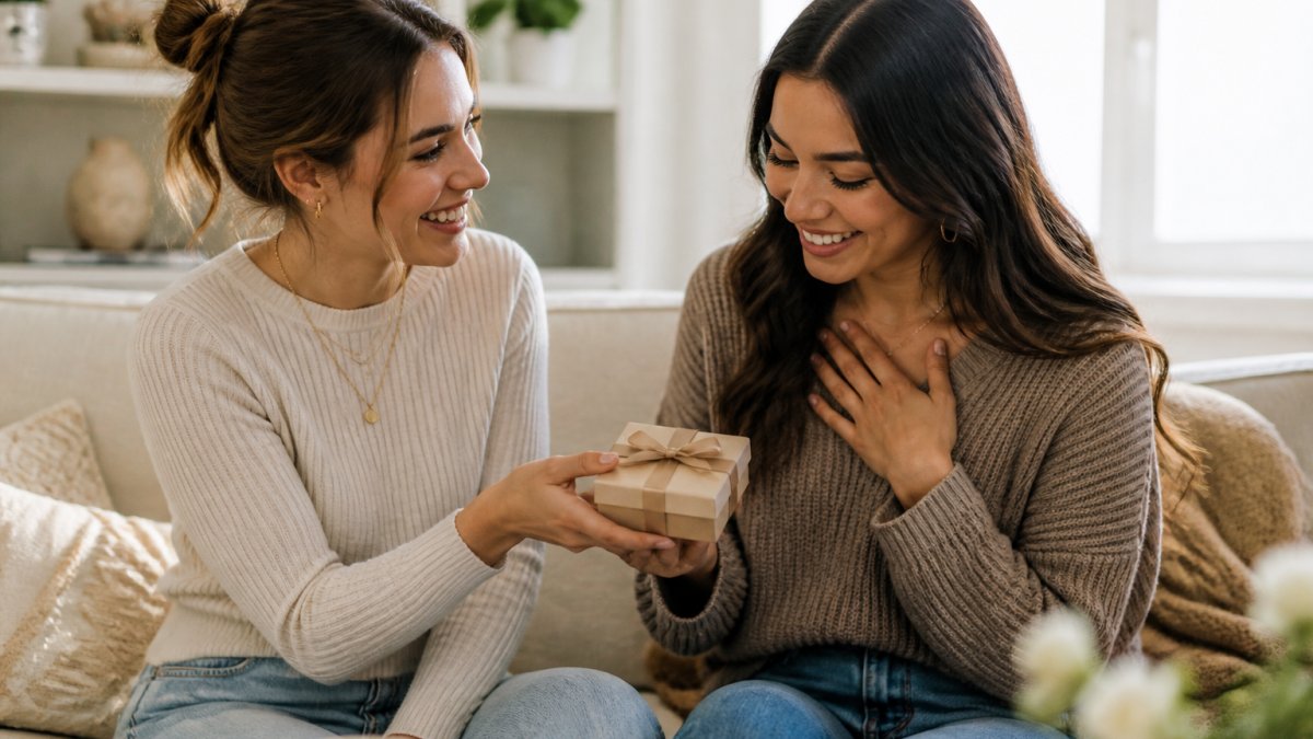 Two young women sitting on a couch, one handing a small jewelry gift box to the other, both smiling warmly in soft natural light